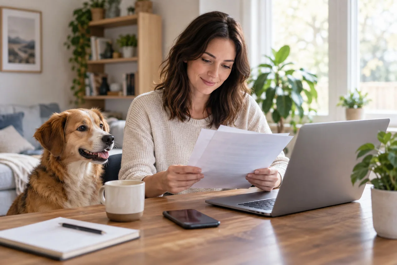 Owner reviewing a laptop and documents with a dog beside the table