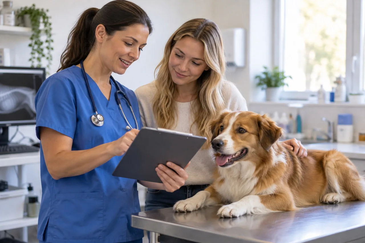 Veterinarian and owner reviewing care beside a dog